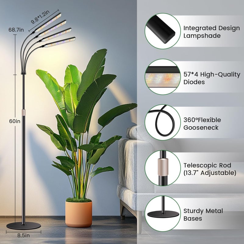 Kullsinss Grow Lights for Indoor Plants with Stand, 4-Heads Full Specturm Plant Grow Light with 4/8/12/16H Timer, 3 Color Modes, 360° Flexible Gooseneck, 24-68.7in Hight Adjustable Grow Lamp, Black - Image 2
